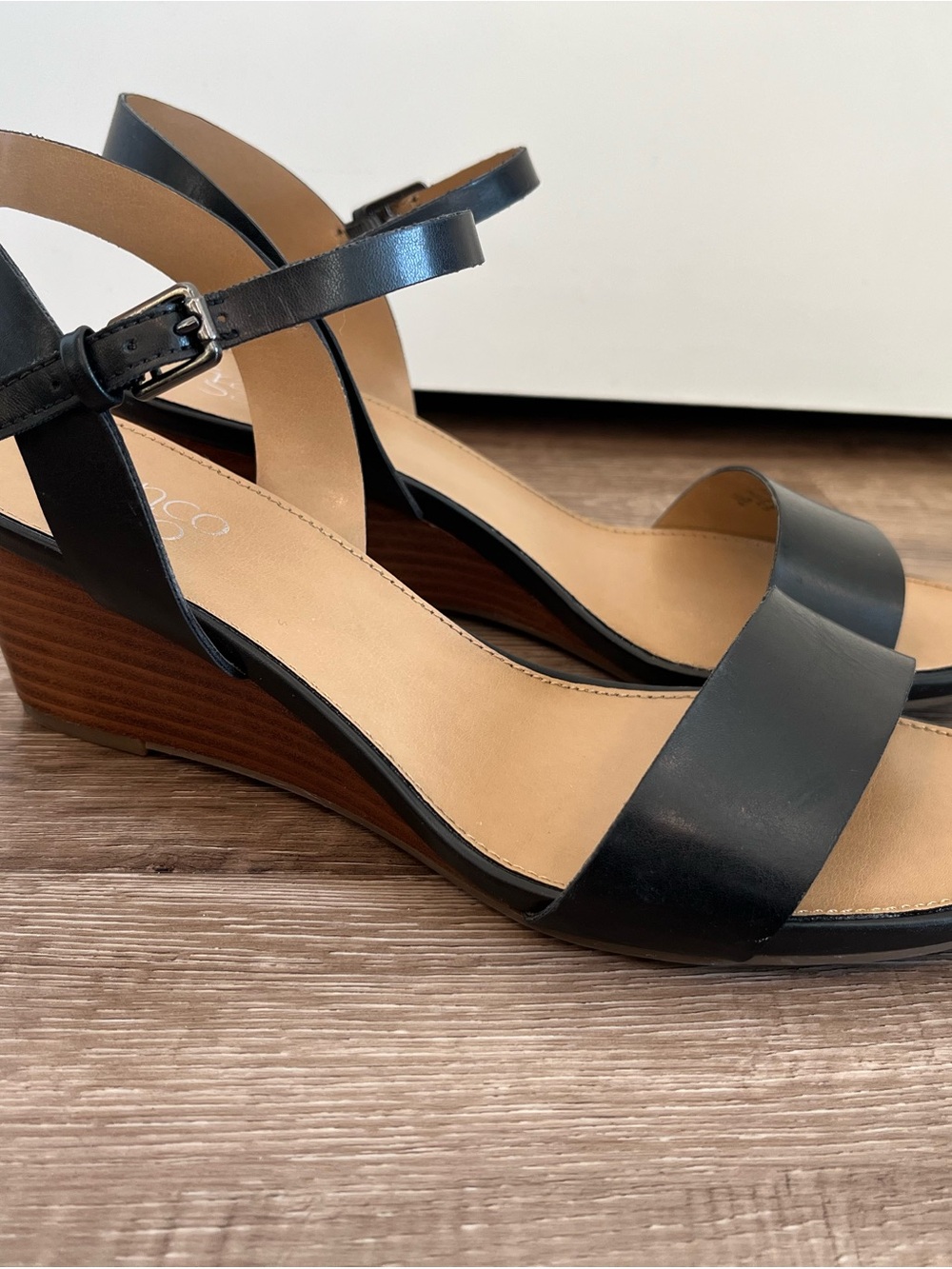 Franco Sarto Dulce Black Wedge Sandals 3” Heel Ankle Strap Women’s 8.5